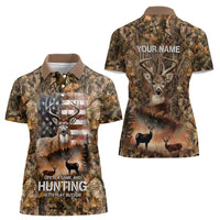 Personalized Buck Deer Hunting Women Polo Shirt American Flag Sunset Forest in Camouflage