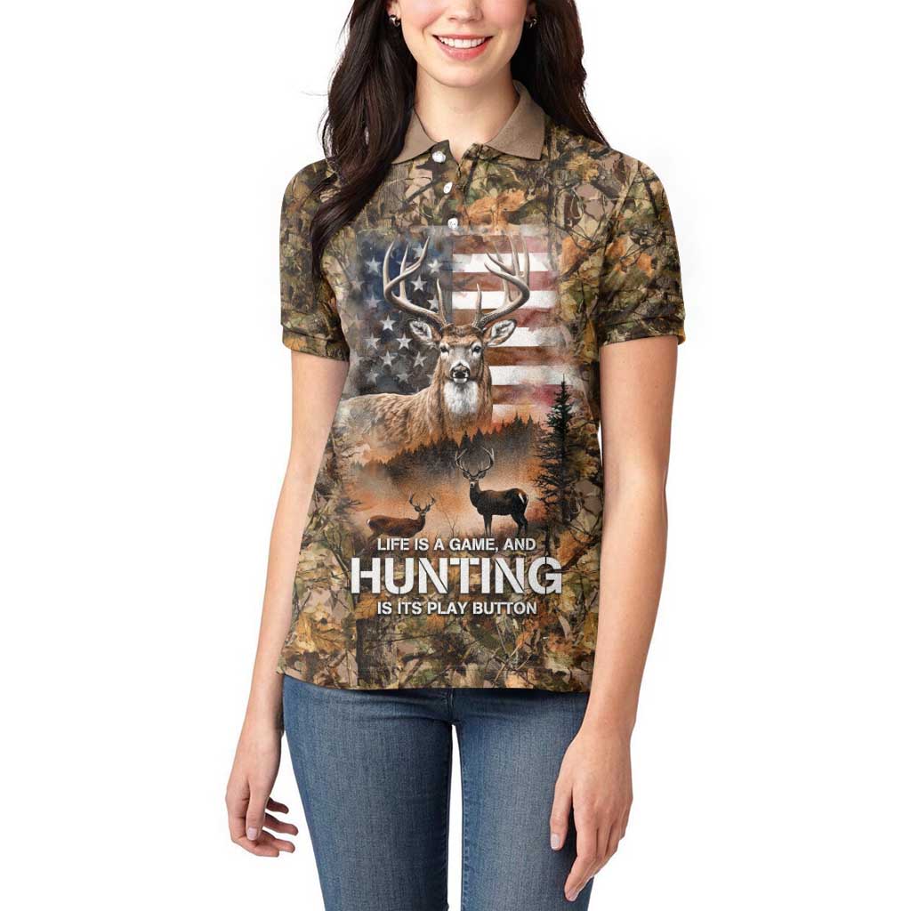 Personalized Buck Deer Hunting Women Polo Shirt American Flag Sunset Forest in Camouflage