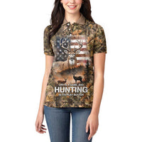Personalized Buck Deer Hunting Women Polo Shirt American Flag Sunset Forest in Camouflage