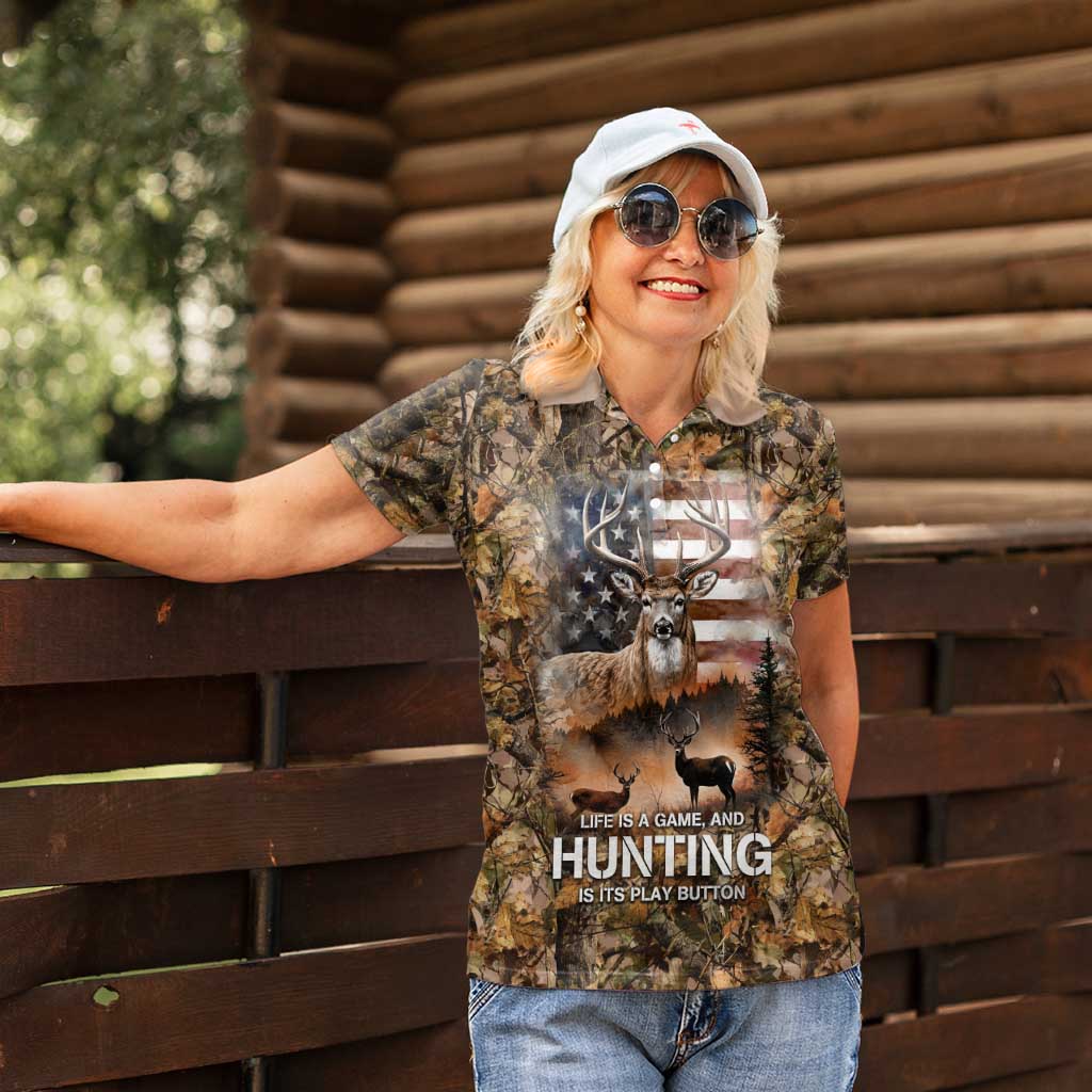Personalized Buck Deer Hunting Women Polo Shirt American Flag Sunset Forest in Camouflage