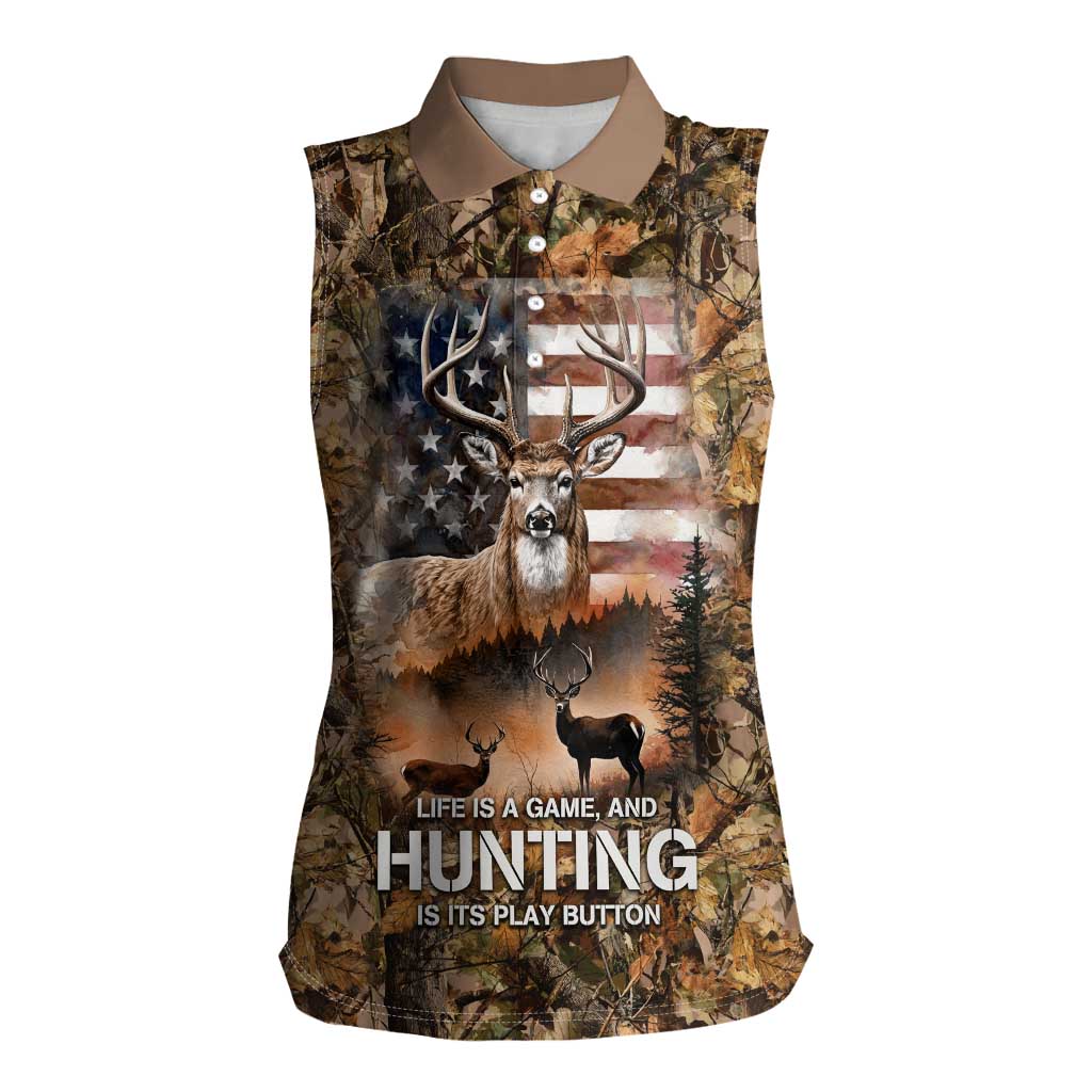 Personalized Buck Deer Hunting Women Sleeveless Polo Shirt American Flag Sunset Forest in Camouflage