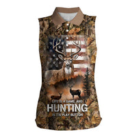 Personalized Buck Deer Hunting Women Sleeveless Polo Shirt American Flag Sunset Forest in Camouflage