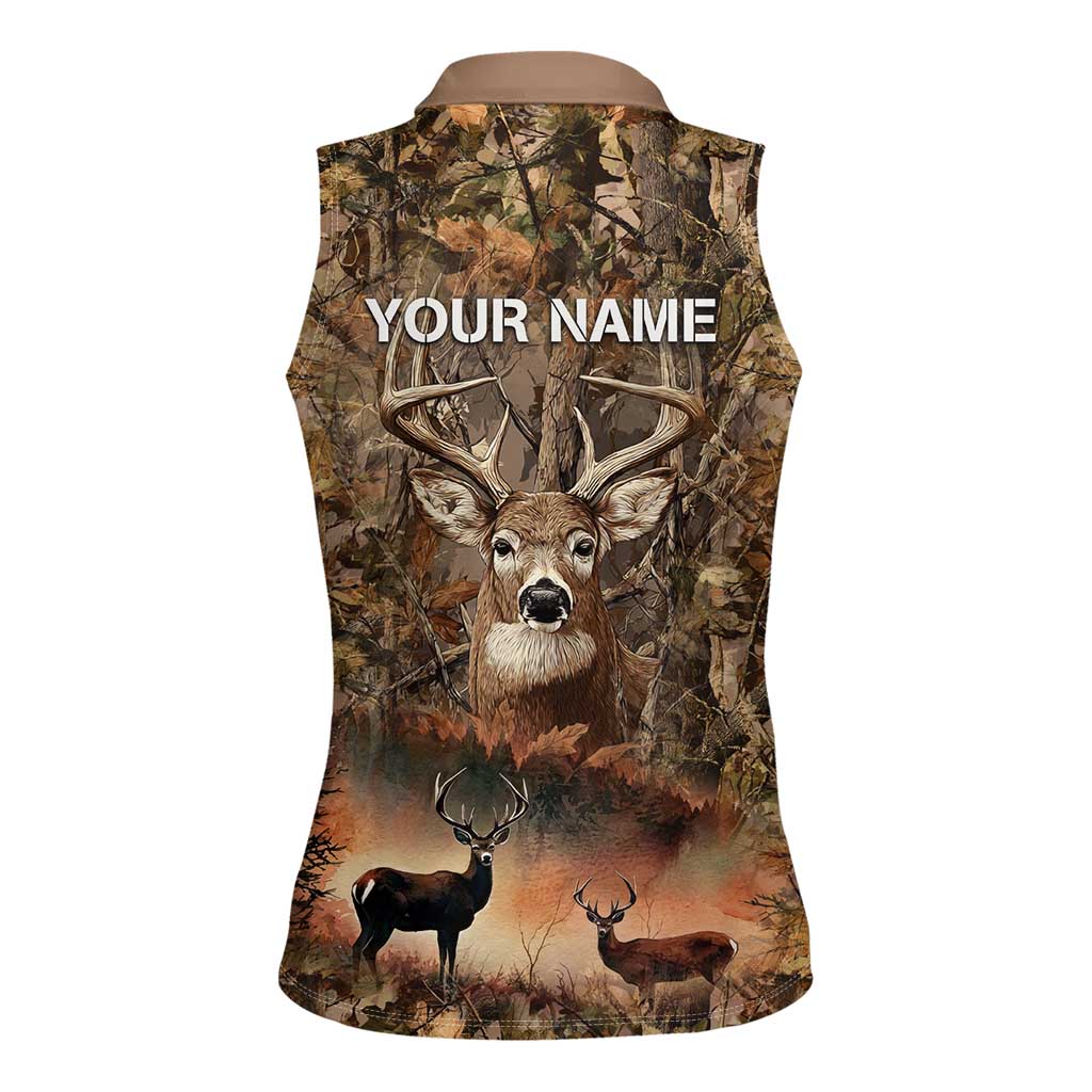 Personalized Buck Deer Hunting Women Sleeveless Polo Shirt American Flag Sunset Forest in Camouflage
