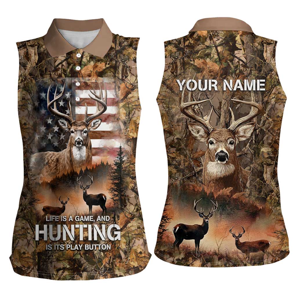 Personalized Buck Deer Hunting Women Sleeveless Polo Shirt American Flag Sunset Forest in Camouflage