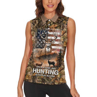 Personalized Buck Deer Hunting Women Sleeveless Polo Shirt American Flag Sunset Forest in Camouflage