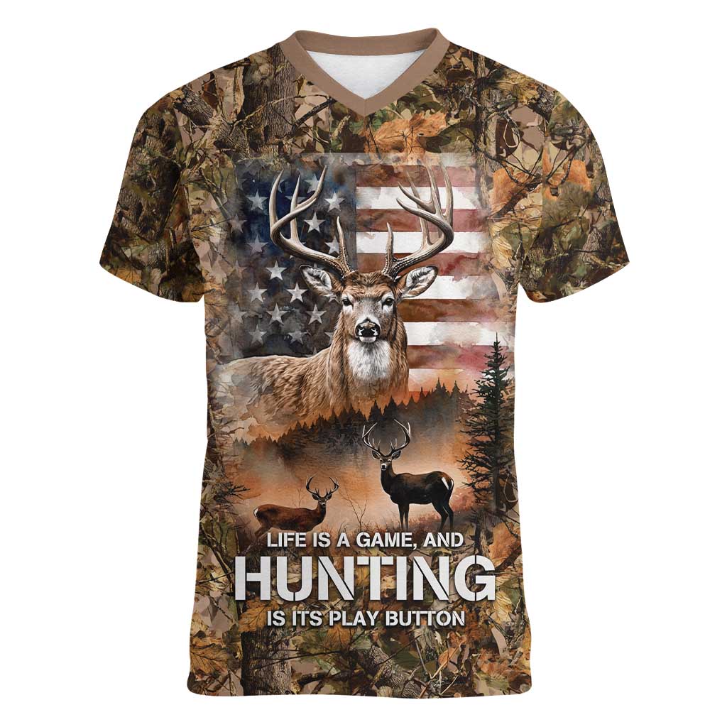Personalized Buck Deer Hunting Women V-Neck T-Shirt American Flag Sunset Forest in Camouflage