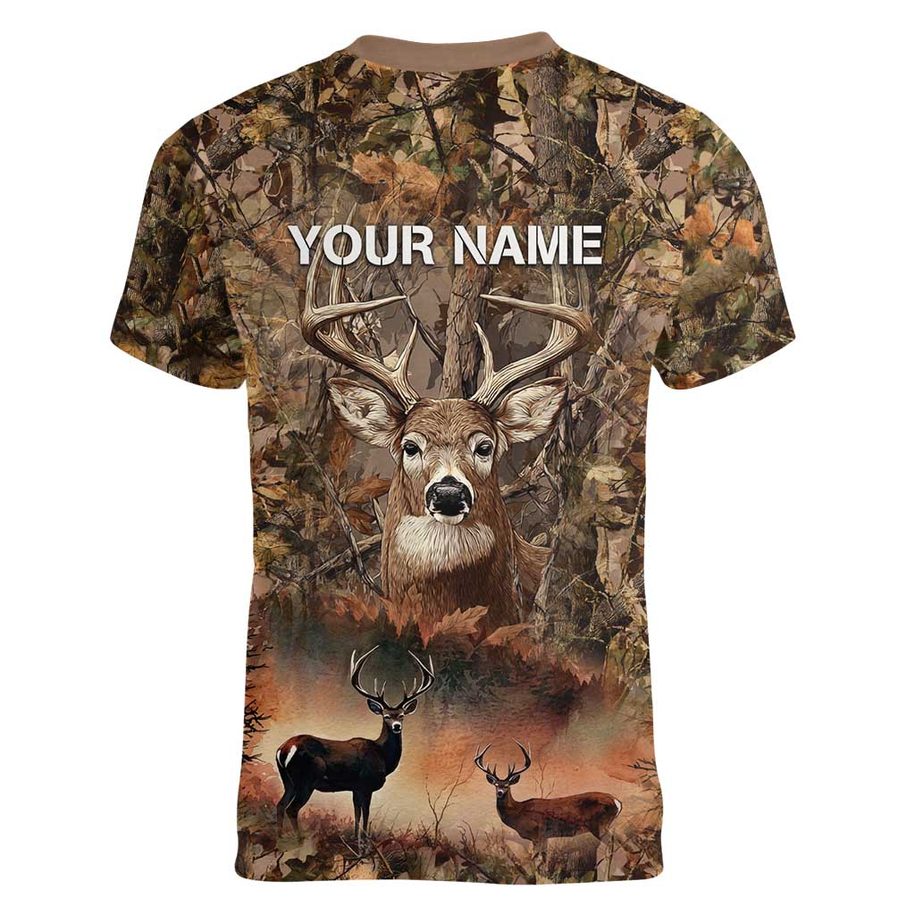Personalized Buck Deer Hunting Women V-Neck T-Shirt American Flag Sunset Forest in Camouflage