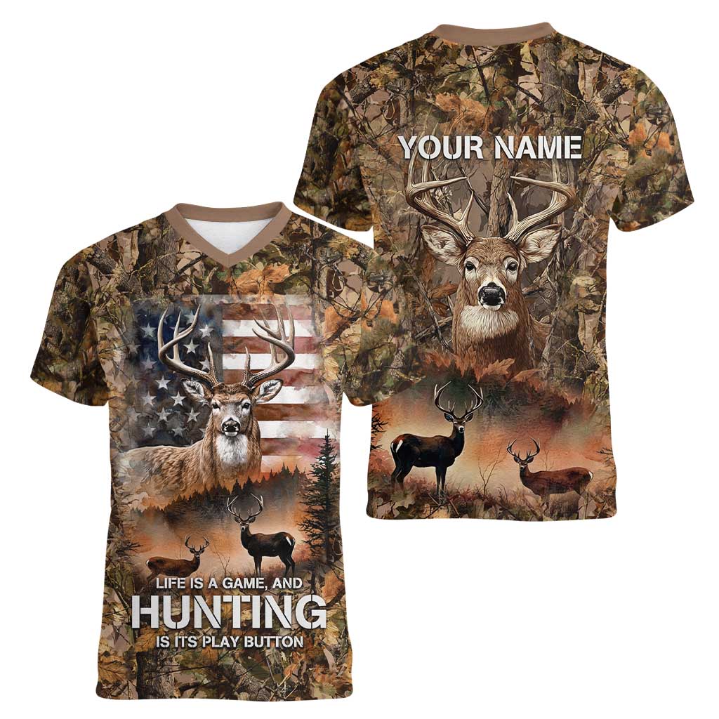 Personalized Buck Deer Hunting Women V-Neck T-Shirt American Flag Sunset Forest in Camouflage