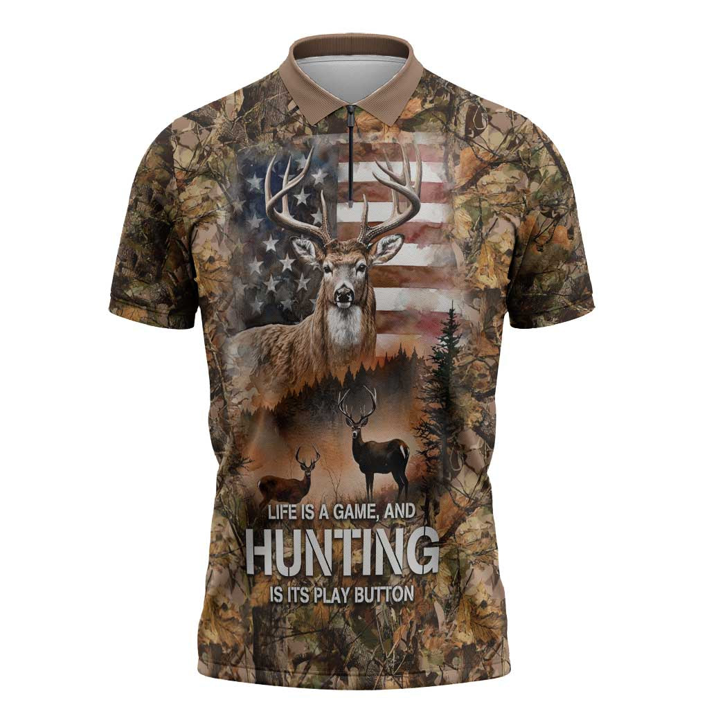 Personalized Buck Deer Hunting Zipper Polo Shirt American Flag Sunset Forest in Camouflage