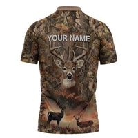 Personalized Buck Deer Hunting Zipper Polo Shirt American Flag Sunset Forest in Camouflage