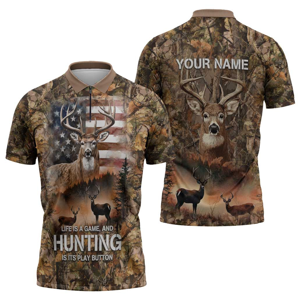 Personalized Buck Deer Hunting Zipper Polo Shirt American Flag Sunset Forest in Camouflage