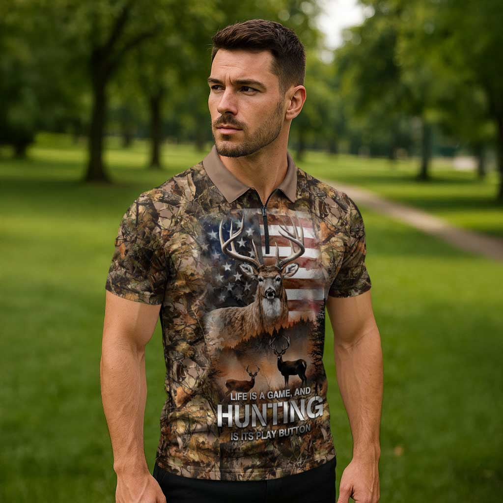 Personalized Buck Deer Hunting Zipper Polo Shirt American Flag Sunset Forest in Camouflage