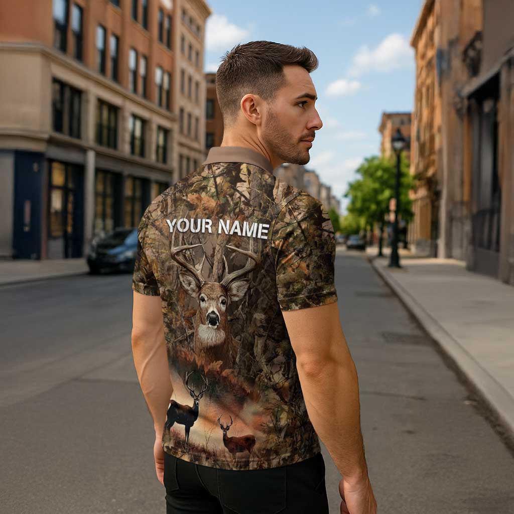 Personalized Buck Deer Hunting Zipper Polo Shirt American Flag Sunset Forest in Camouflage