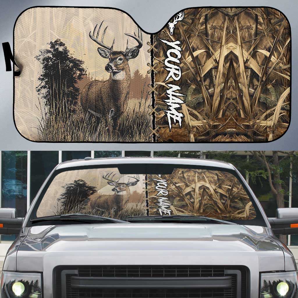 Personalized Born to Hunt Auto Sun Shade Deer Hunting Lacing Detail and Camo Traditional