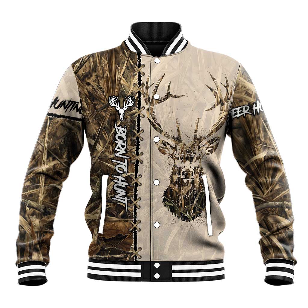 Personalized Born to Hunt Baseball Jacket Deer Hunting Lacing Detail and Camo Traditional