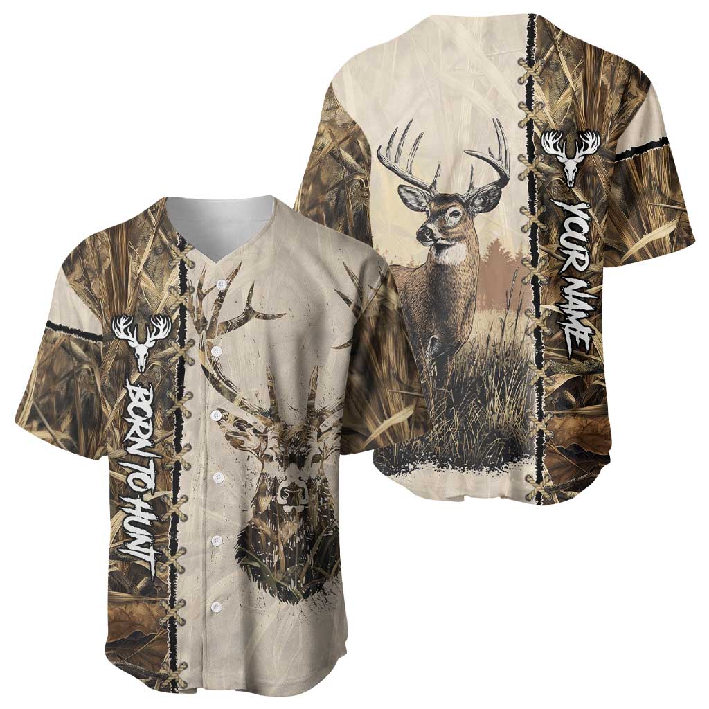 Personalized Born to Hunt Baseball Jersey Deer Hunting Lacing Detail and Camo Traditional