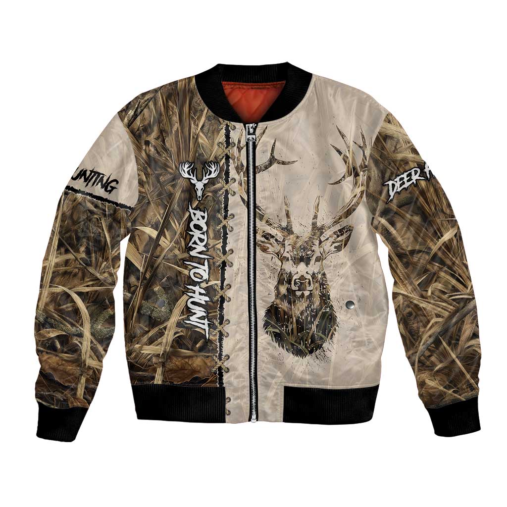 Personalized Born to Hunt Bomber Jacket Deer Hunting Lacing Detail and Camo Traditional