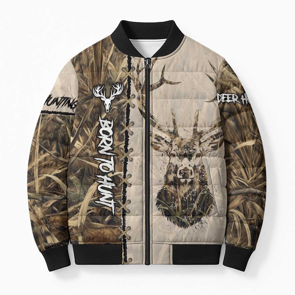 Personalized Born to Hunt Bomber Puffer Jacket Deer Hunting Lacing Detail and Camo Traditional