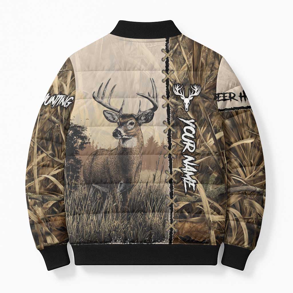 Personalized Born to Hunt Bomber Puffer Jacket Deer Hunting Lacing Detail and Camo Traditional
