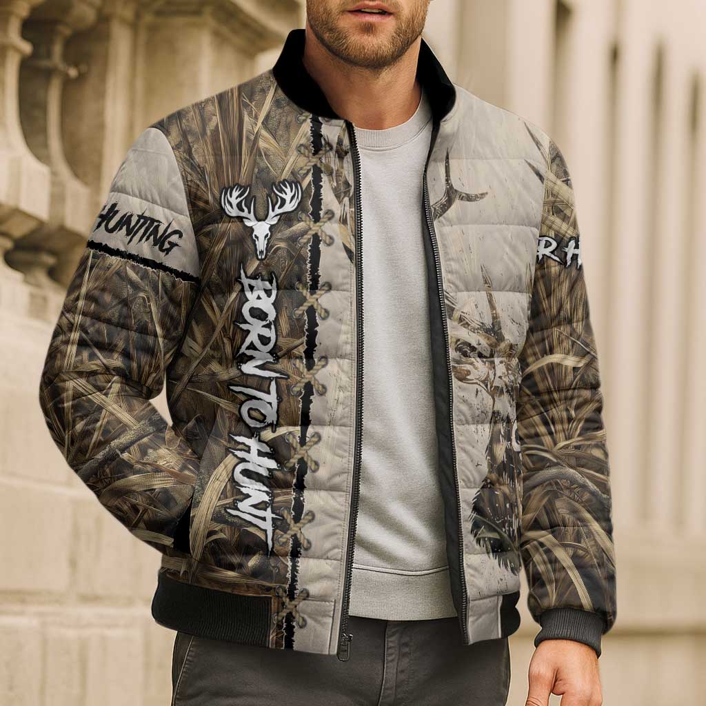Personalized Born to Hunt Bomber Puffer Jacket Deer Hunting Lacing Detail and Camo Traditional