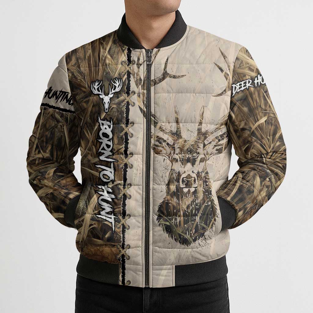 Personalized Born to Hunt Bomber Puffer Jacket Deer Hunting Lacing Detail and Camo Traditional