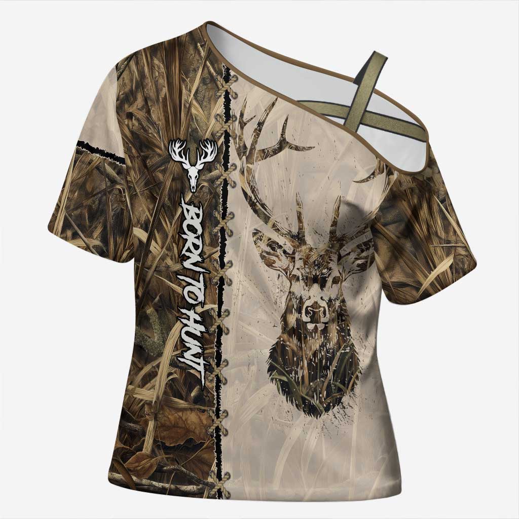 Personalized Born to Hunt Cross Shoulder Shirt Deer Hunting Lacing Detail and Camo Traditional