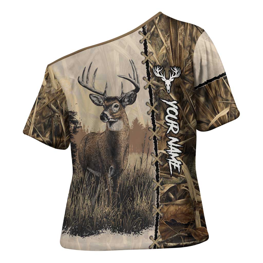 Personalized Born to Hunt Cross Shoulder Shirt Deer Hunting Lacing Detail and Camo Traditional