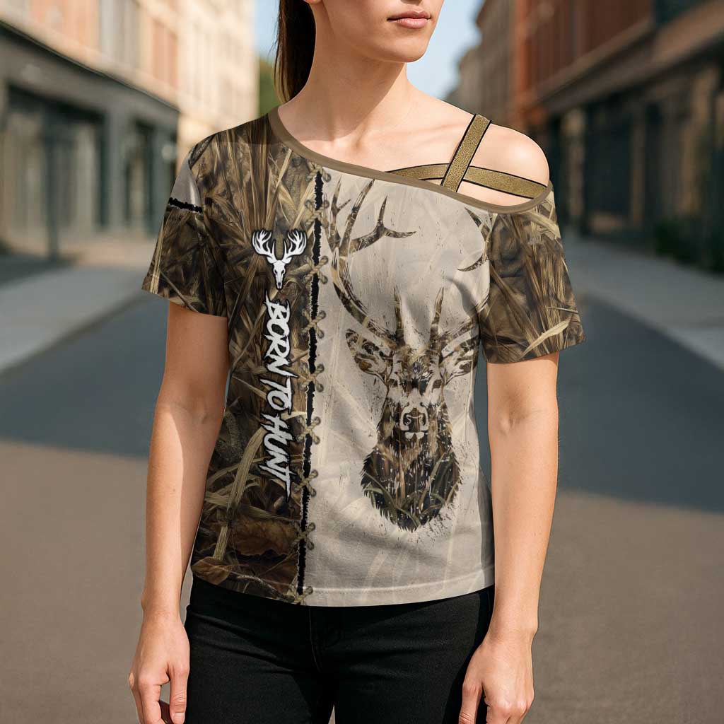 Personalized Born to Hunt Cross Shoulder Shirt Deer Hunting Lacing Detail and Camo Traditional