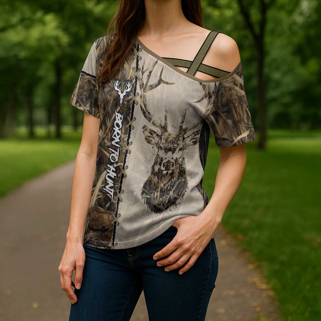 Personalized Born to Hunt Cross Shoulder Shirt Deer Hunting Lacing Detail and Camo Traditional