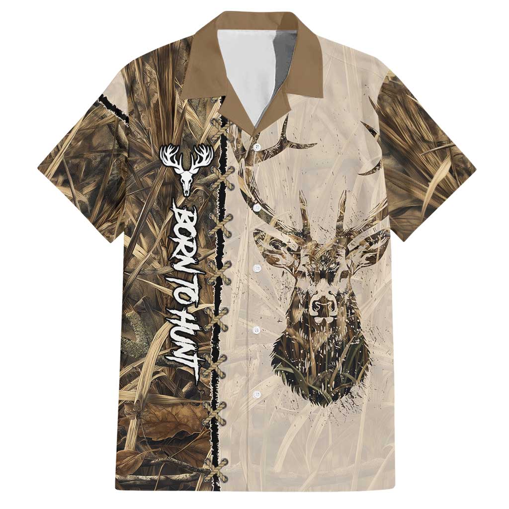 Personalized Born to Hunt Hawaiian Shirt Deer Hunting Lacing Detail and Camo Traditional