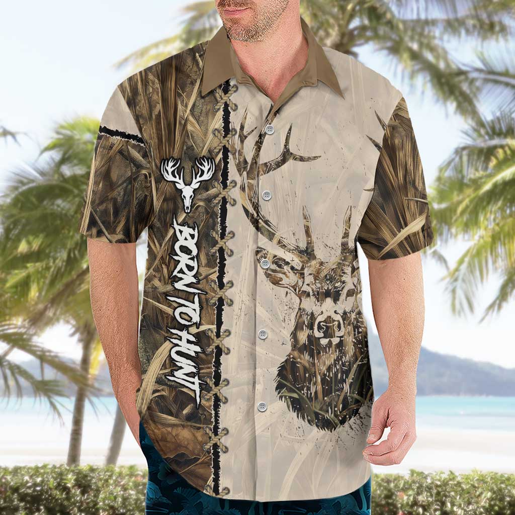 Personalized Born to Hunt Hawaiian Shirt Deer Hunting Lacing Detail and Camo Traditional