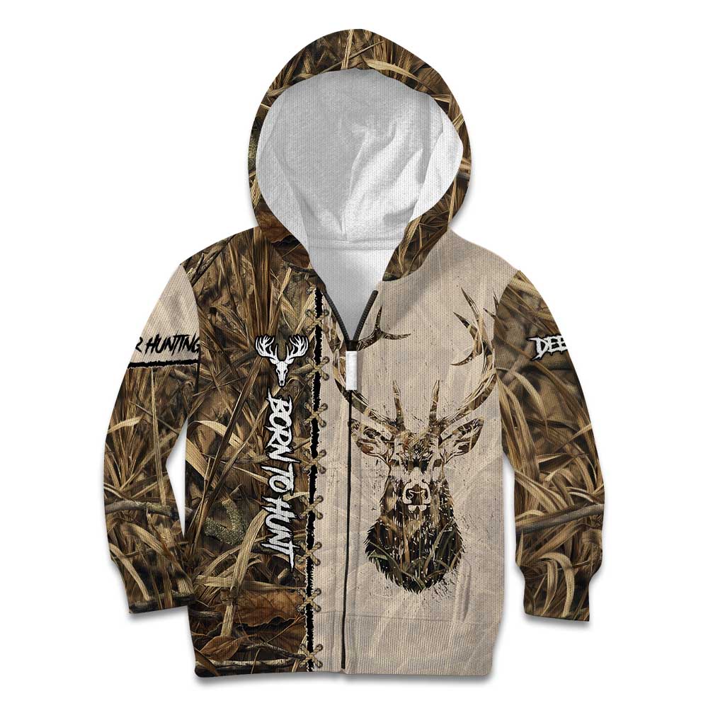 Personalized Born to Hunt Kid Hoodie Deer Hunting Lacing Detail and Camo Traditional
