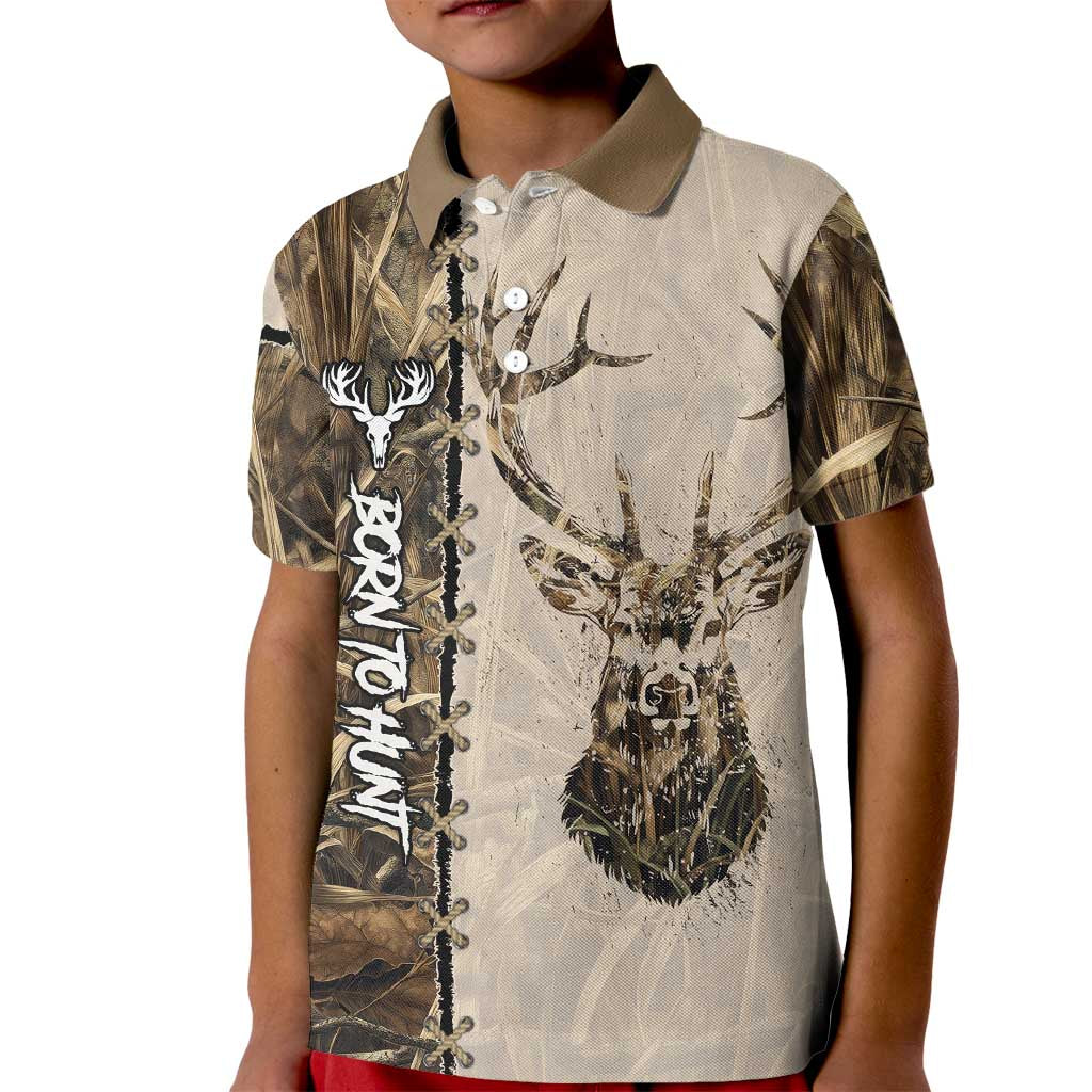 Personalized Born to Hunt Kid Polo Shirt Deer Hunting Lacing Detail and Camo Traditional