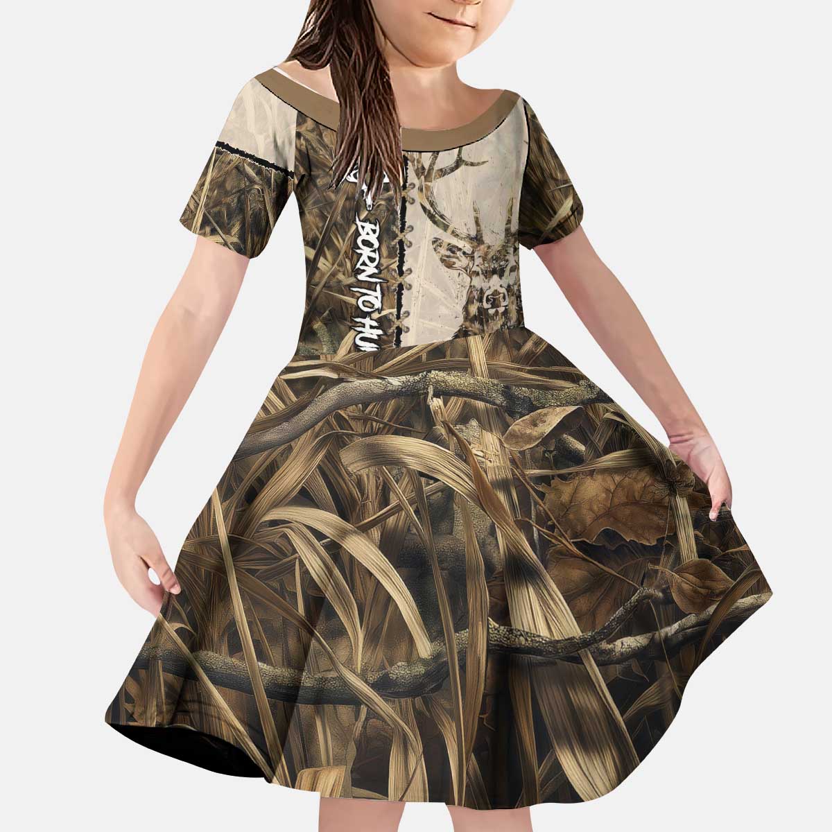Personalized Born to Hunt Kid Short Sleeve Dress Deer Hunting Lacing Detail and Camo Traditional