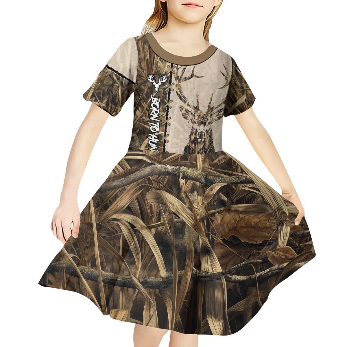Personalized Born to Hunt Kid Short Sleeve Dress Deer Hunting Lacing Detail and Camo Traditional