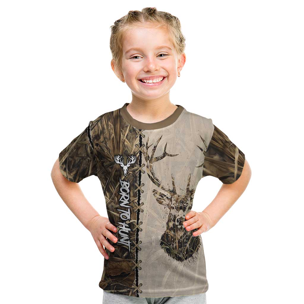 Personalized Born to Hunt Kid T Shirt Deer Hunting Lacing Detail and Camo Traditional