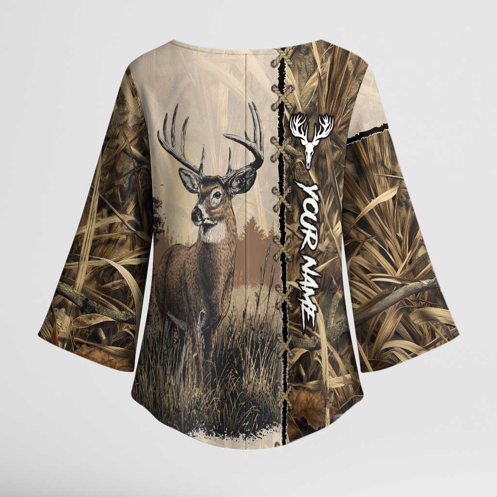 Personalized Born to Hunt Kimono Sleeve Blouse Deer Hunting Lacing Detail and Camo Traditional