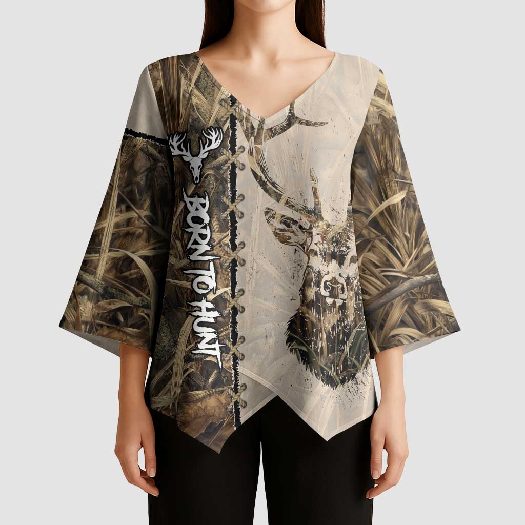 Personalized Born to Hunt Kimono Sleeve Blouse Deer Hunting Lacing Detail and Camo Traditional