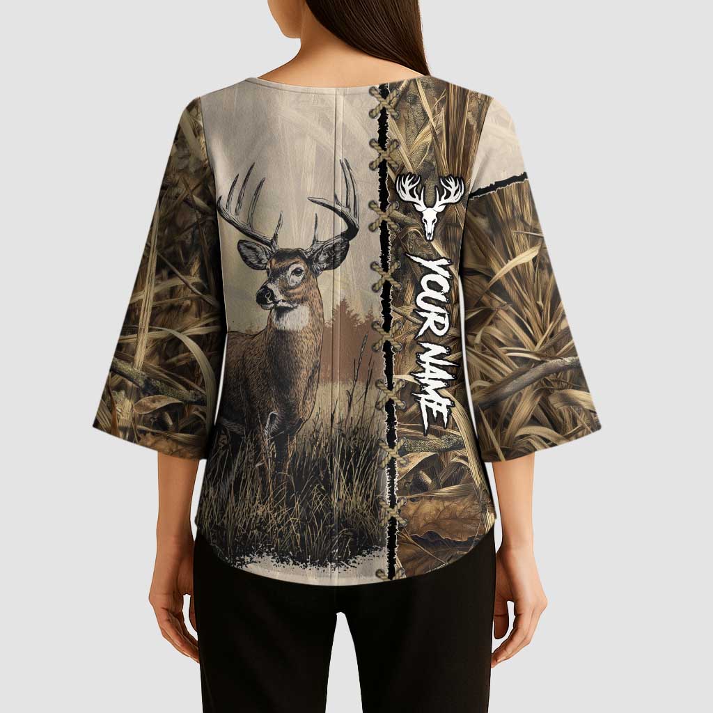 Personalized Born to Hunt Kimono Sleeve Blouse Deer Hunting Lacing Detail and Camo Traditional