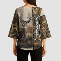 Personalized Born to Hunt Kimono Sleeve Blouse Deer Hunting Lacing Detail and Camo Traditional