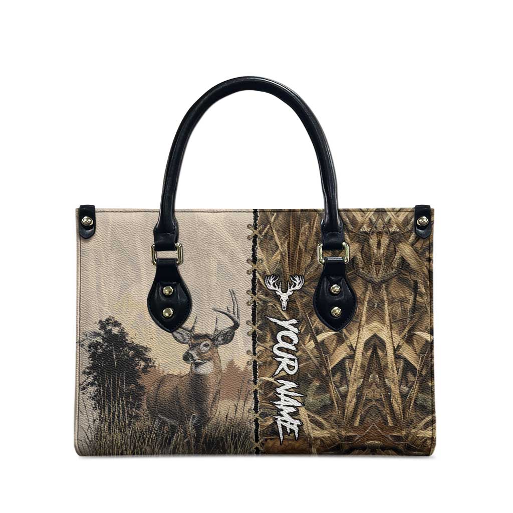 Personalized Born to Hunt Leather Bag Deer Hunting Lacing Detail and Camo Traditional