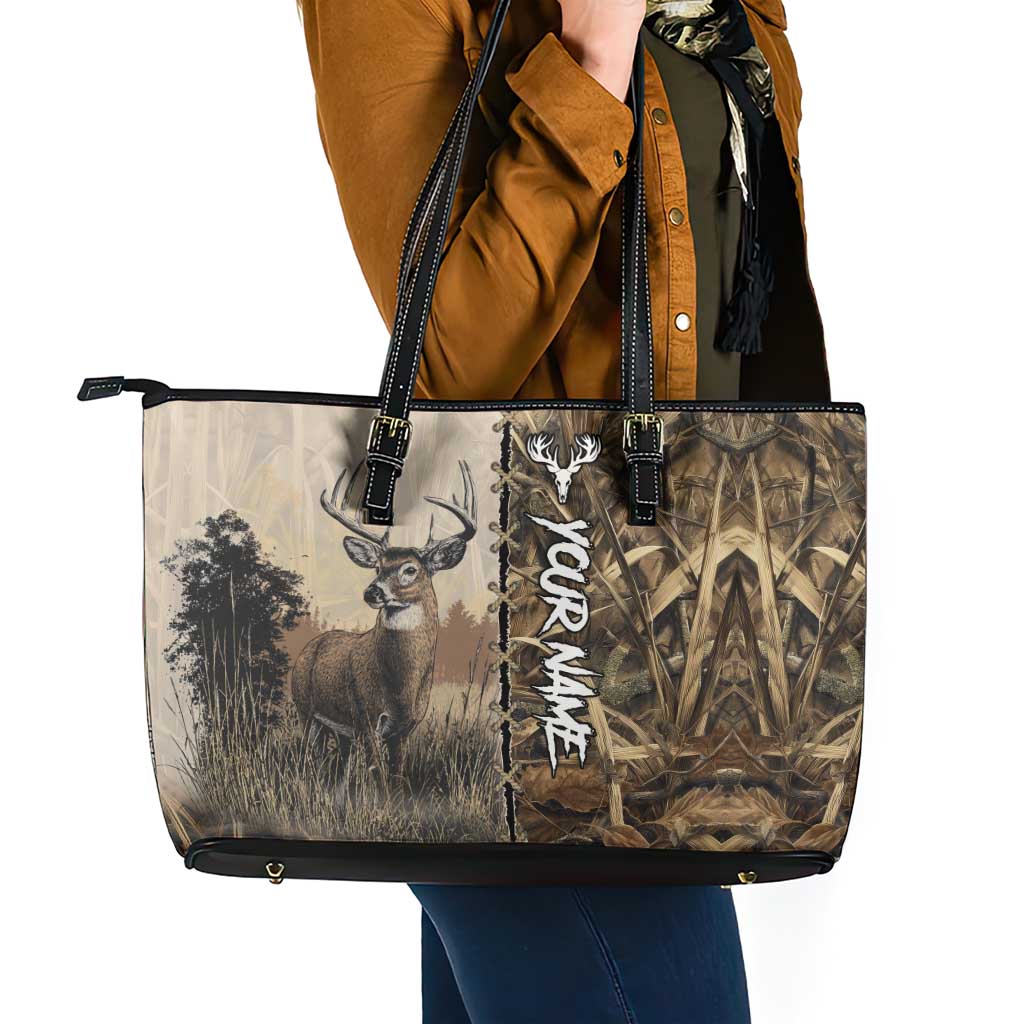 Personalized Born to Hunt Leather Tote Bag Deer Hunting Lacing Detail and Camo Traditional