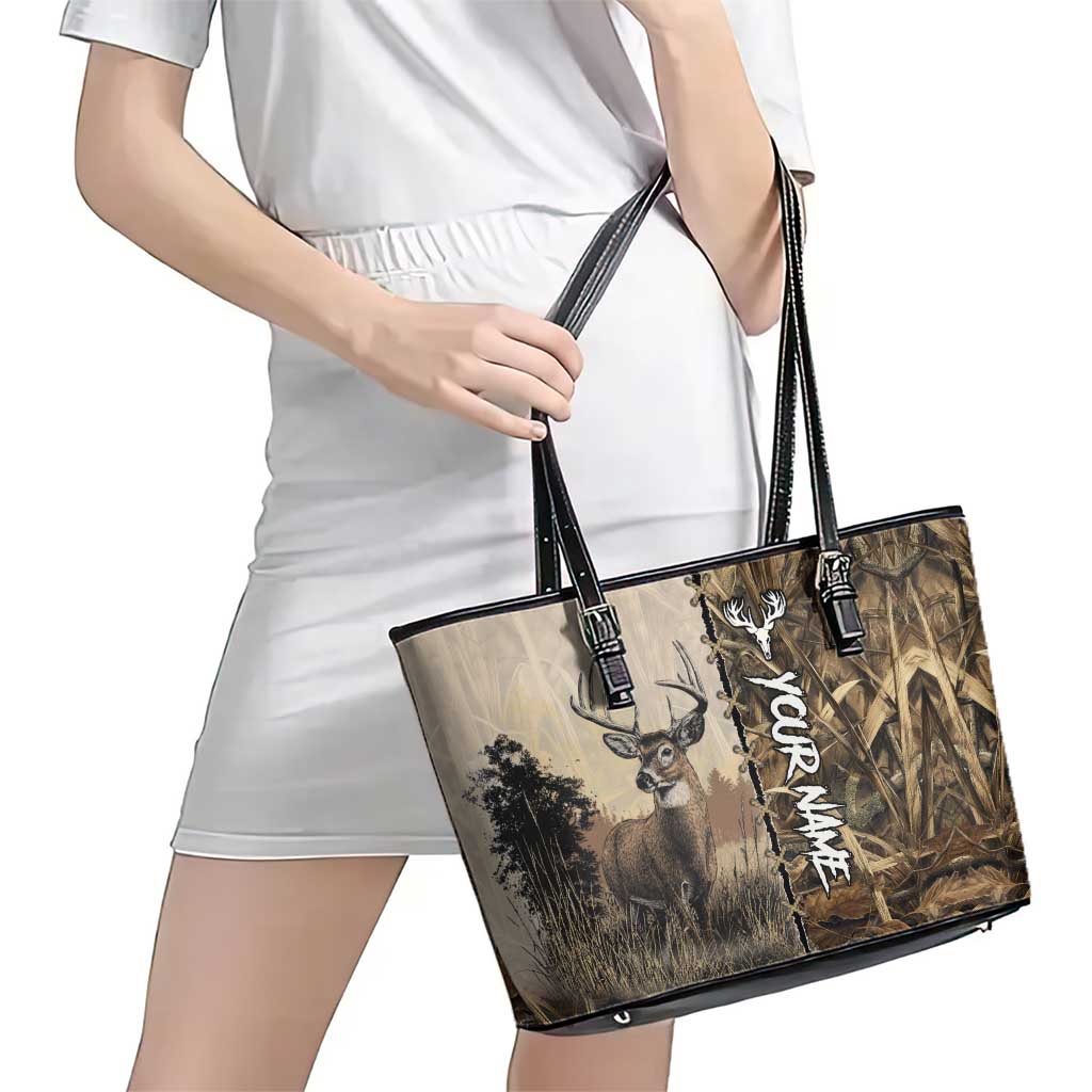 Personalized Born to Hunt Leather Tote Bag Deer Hunting Lacing Detail and Camo Traditional
