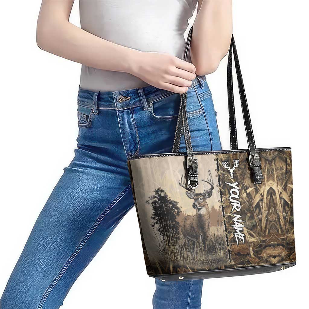 Personalized Born to Hunt Leather Tote Bag Deer Hunting Lacing Detail and Camo Traditional