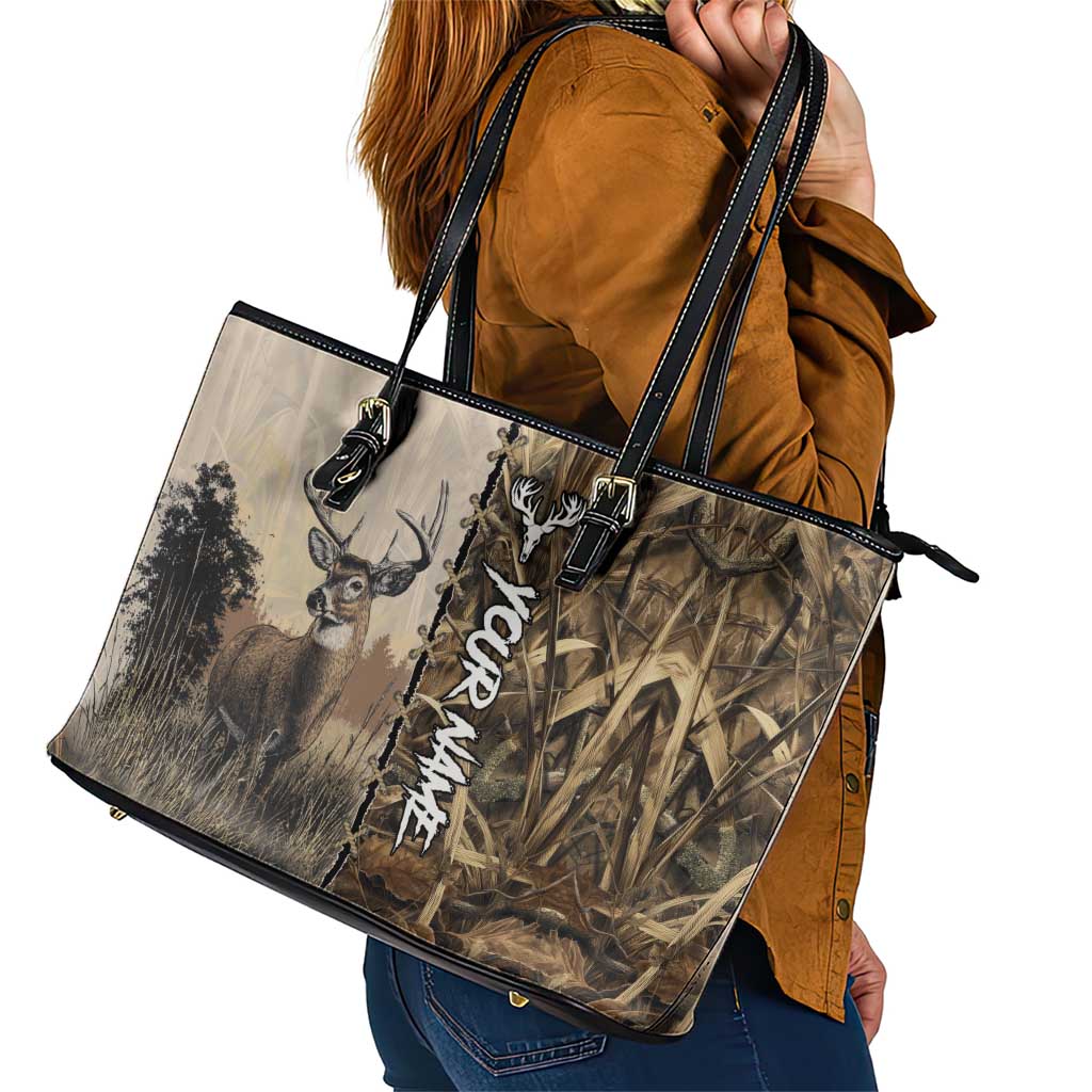 Personalized Born to Hunt Leather Tote Bag Deer Hunting Lacing Detail and Camo Traditional