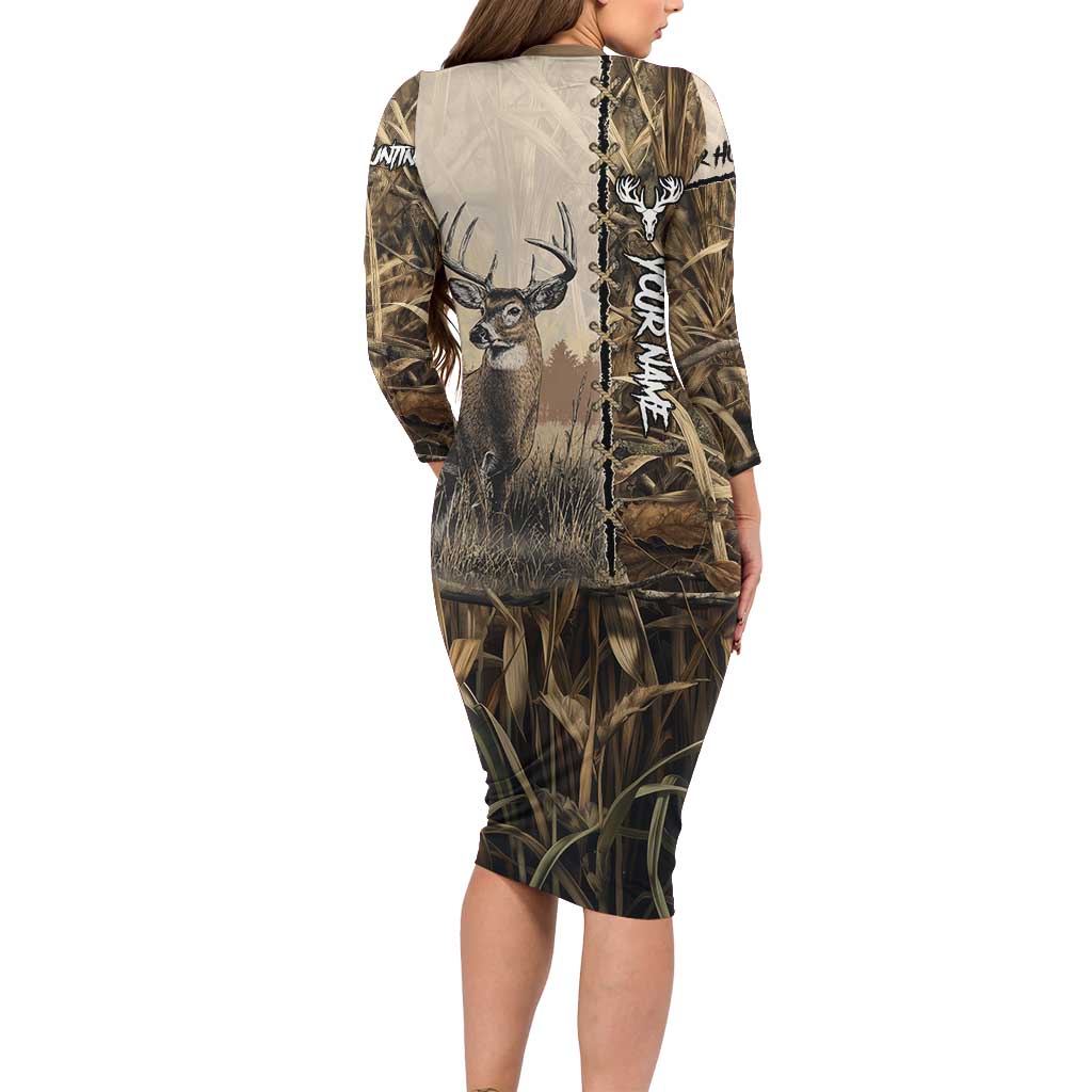 Personalized Born to Hunt Long Sleeve Bodycon Dress Deer Hunting Lacing Detail and Camo Traditional