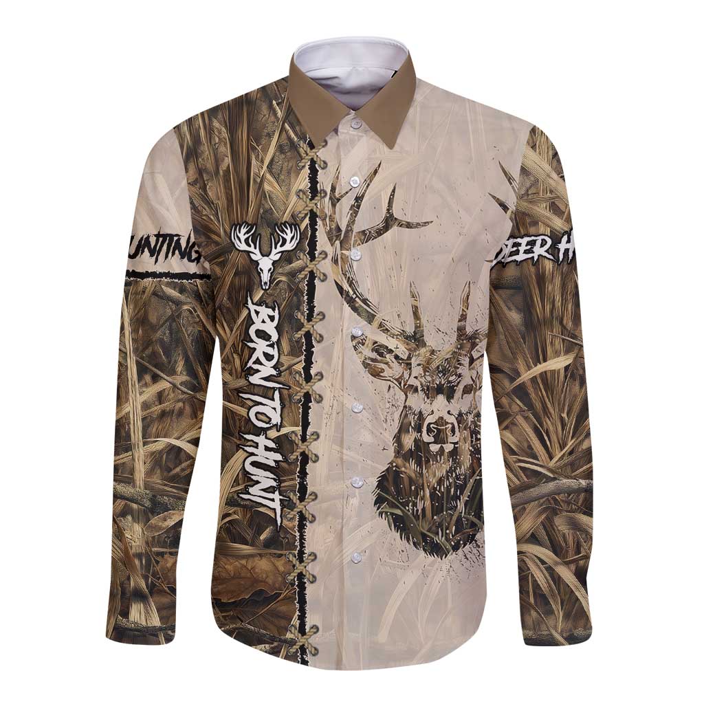 Personalized Born to Hunt Long Sleeve Button Shirt Deer Hunting Lacing Detail and Camo Traditional