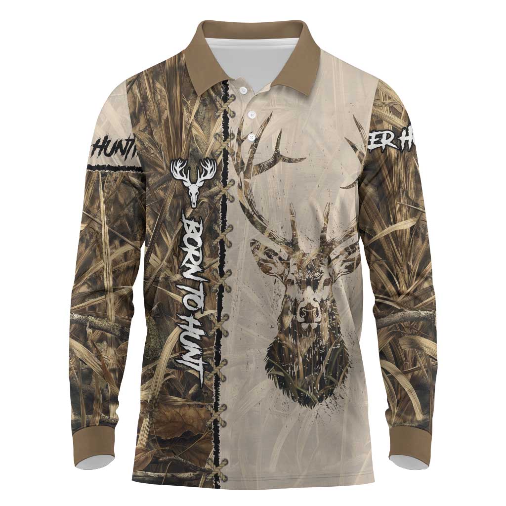 Personalized Born to Hunt Long Sleeve Polo Shirt Deer Hunting Lacing Detail and Camo Traditional