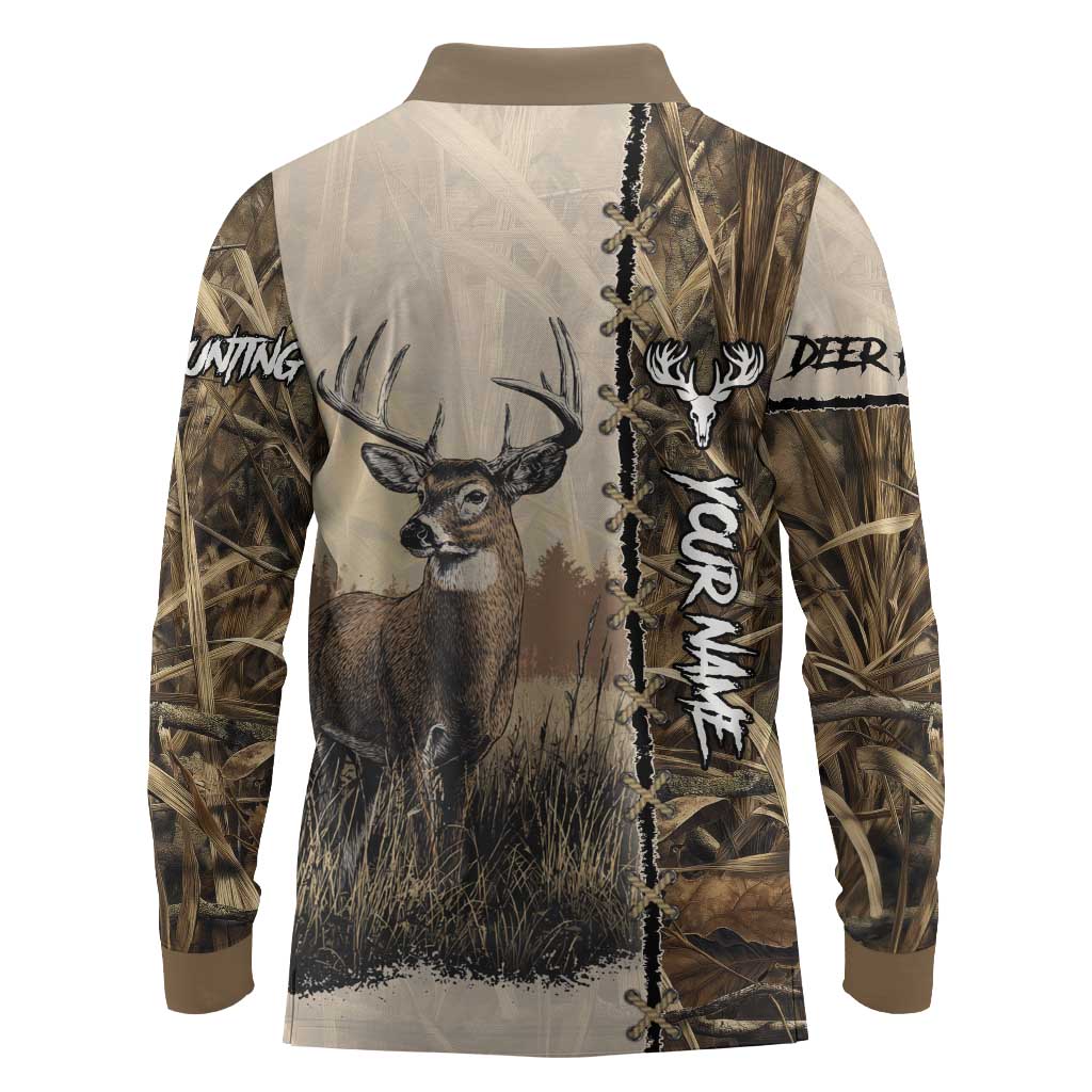 Personalized Born to Hunt Long Sleeve Polo Shirt Deer Hunting Lacing Detail and Camo Traditional