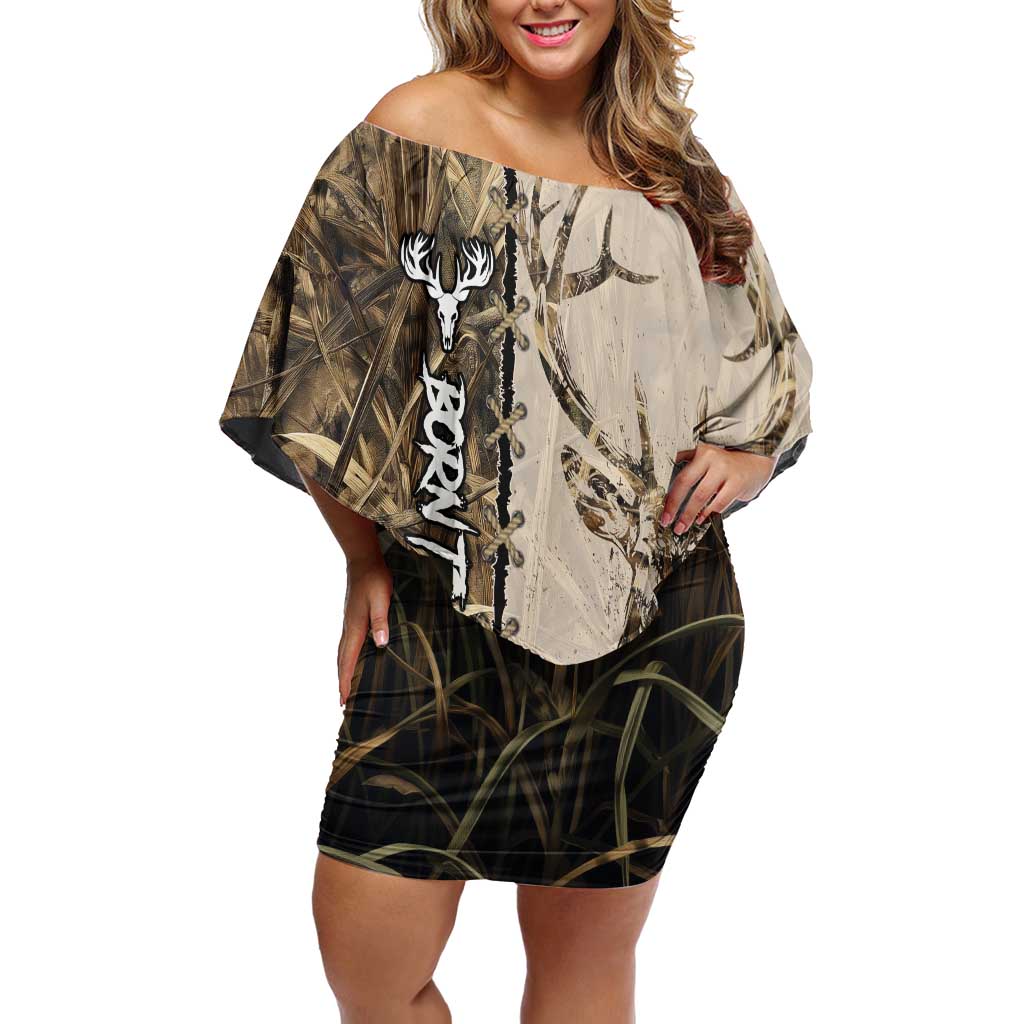 Personalized Born to Hunt Off Shoulder Short Dress Deer Hunting Lacing Detail and Camo Traditional